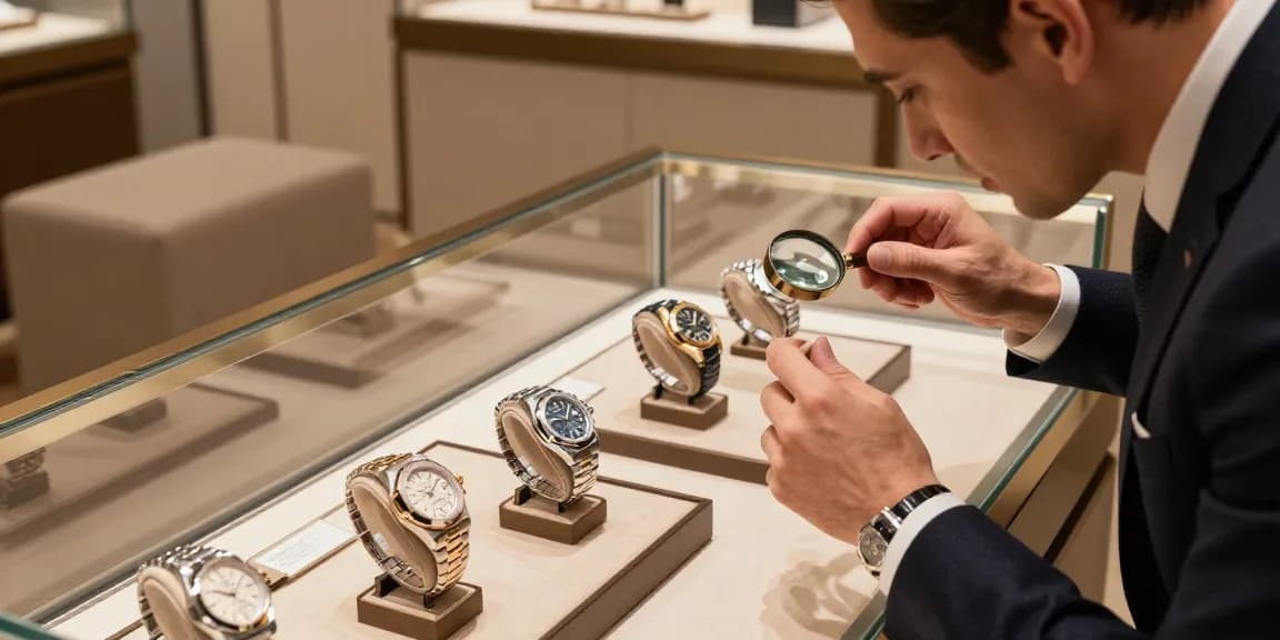 Super clone watches on display with a watch enthusiast examining details of luxury replicas in an elegant setting.