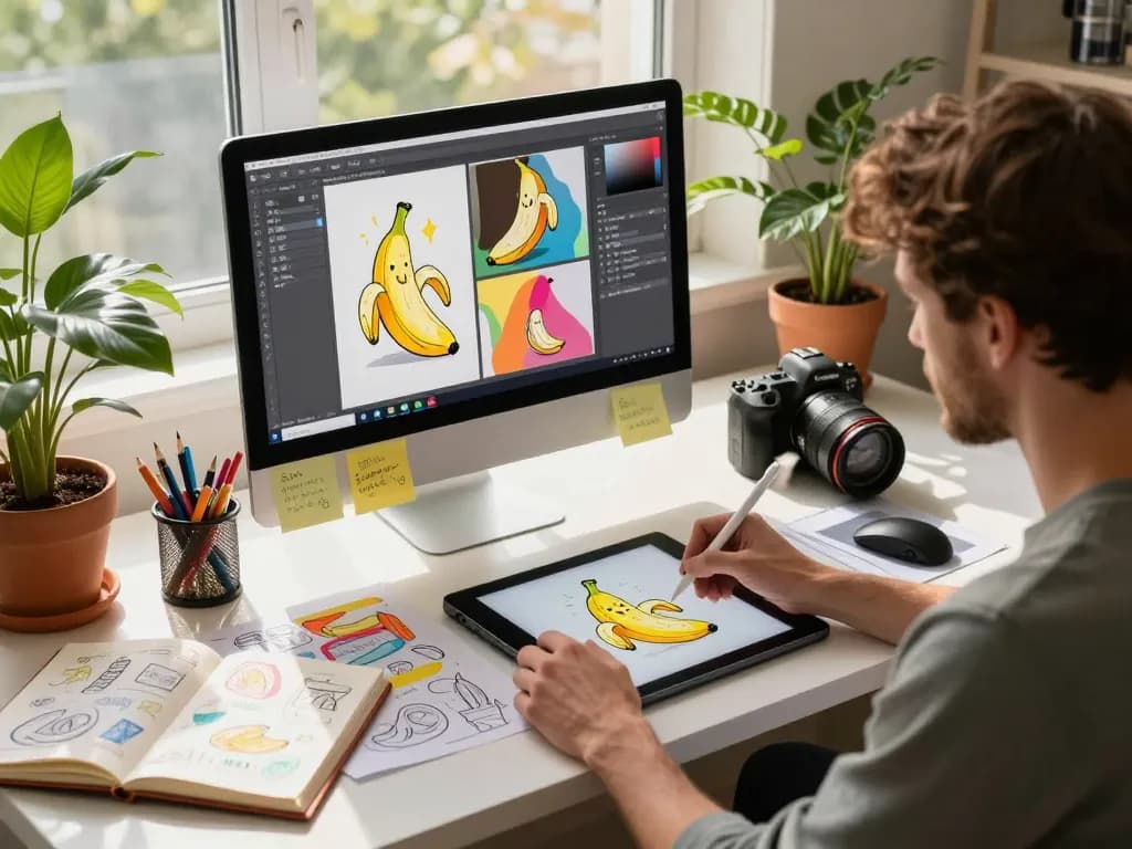 Artist using nano banana 2 AI editor on a digital tablet in a vibrant workspace.