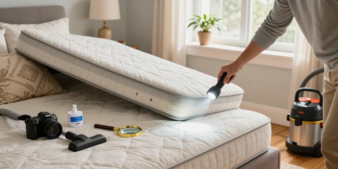 Detailed inspection for bed bug pest control in a cozy bedroom with natural light