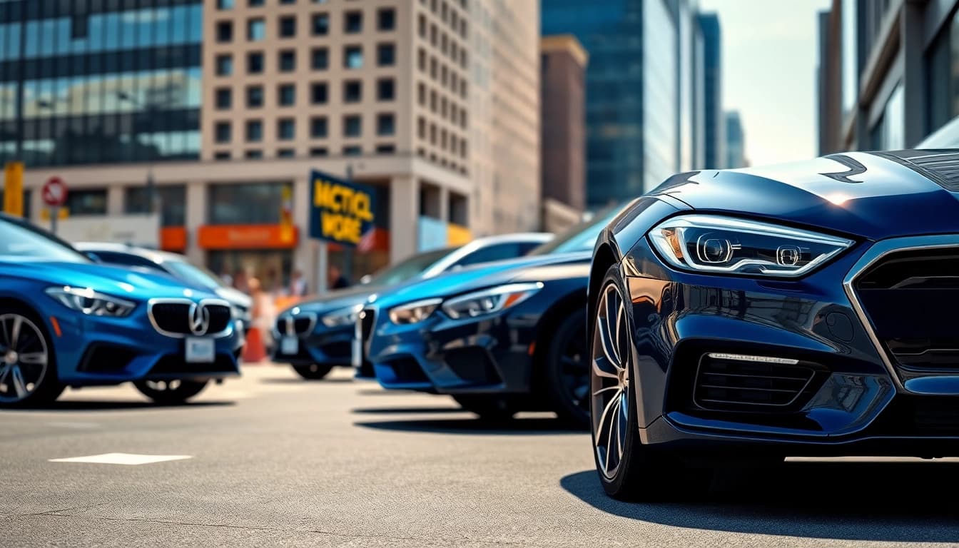 Showcasing Ashley cars in a vibrant urban setting, highlighting sleek designs and luxurious finishes.