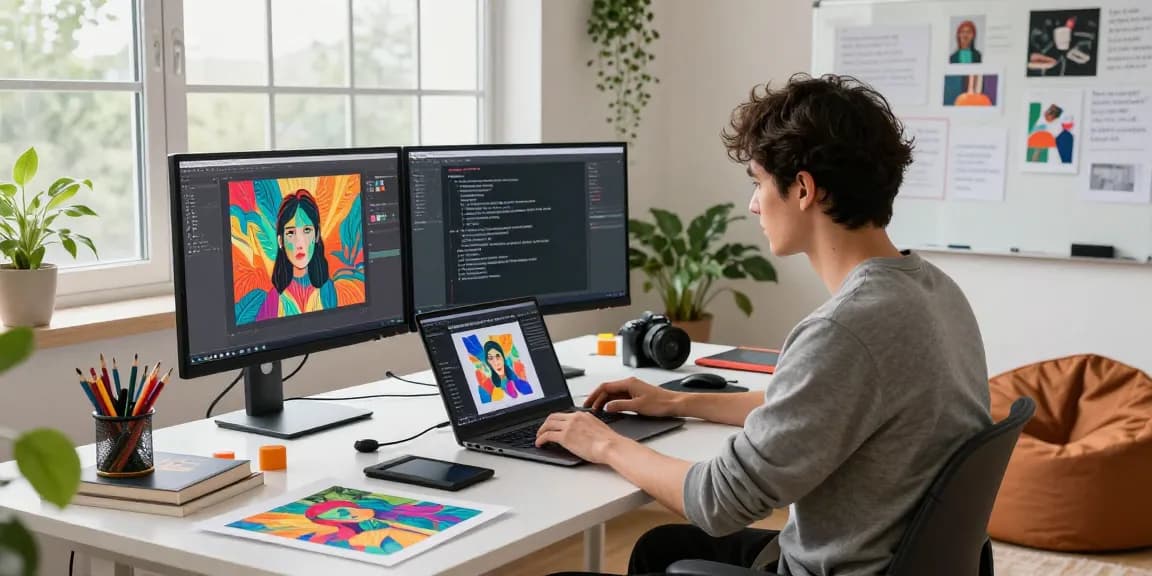 Workspace of a digital artist using an image to prompt generator, with vibrant art displayed.